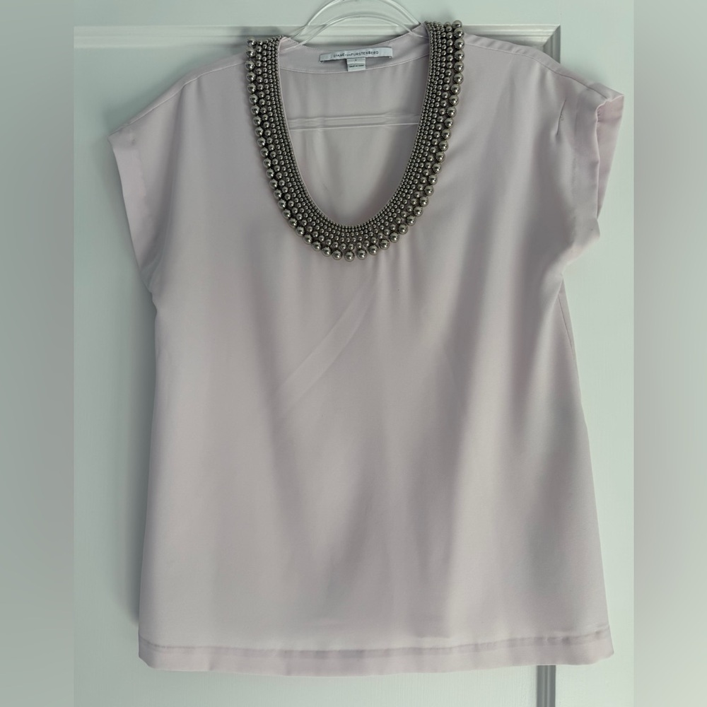 Diane Von Furstenberg White Blouse with Beaded Neckline